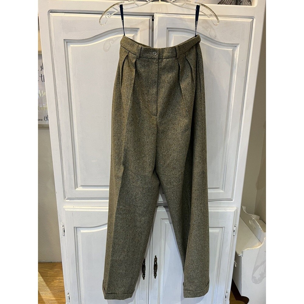 Burberrys Pants Wool Cashmere Tweed Sage Green Women’s High Waist Slacks Lined 6